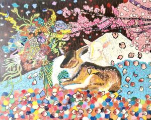 花サクラと動物ヤギ、富士のアクリル画
